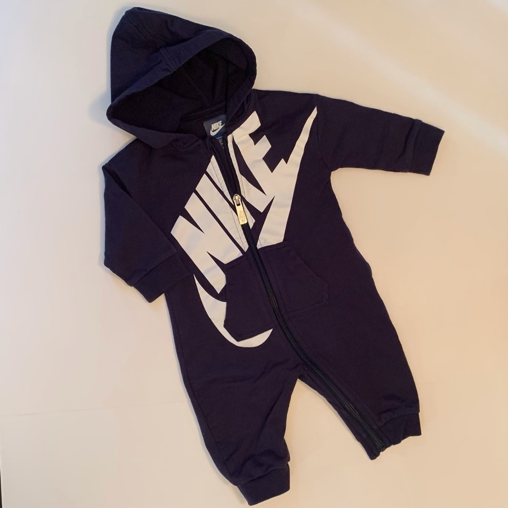 NIKE One Piece Pant Suit Navy Blue White Zipper Front Perfect Decal 6-9 Months
